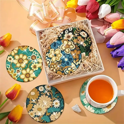 8pcs/Set DIY Diamond Painting Coasters with Holder Anti Slip Wood Drip Mats Crystal Rhinestones Diamond Art Coasters for Adults