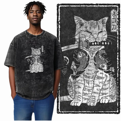 COOLMIND DB Cat Printed Cotton Acid Washed Exclusive Graphic Unisex T Shirt Cool Streetwear Men Tshirts Big Size Tee for Men