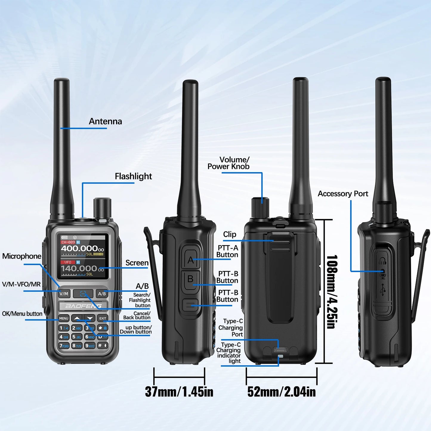 1/2PCS BAOFENG UV-5R Mini Walkie Talkie Dual PTT Wireless Bluetooth Programming Multi-Band Type-C Charge Long Range Ham Radio