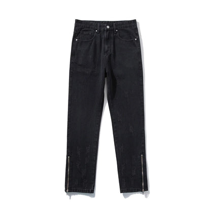2024 Spring Autumn Korean Men Fashionable Retro Street Jeans Zip Design on Trouser Legs Straight-leg Denim Pants Men's Clothing
