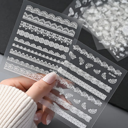 2pcs Y2K White Lace 5D Nail Art Stickers White Embossed Flowers Petals Elegant French Decals Wedding Nails Manicure Decorations*