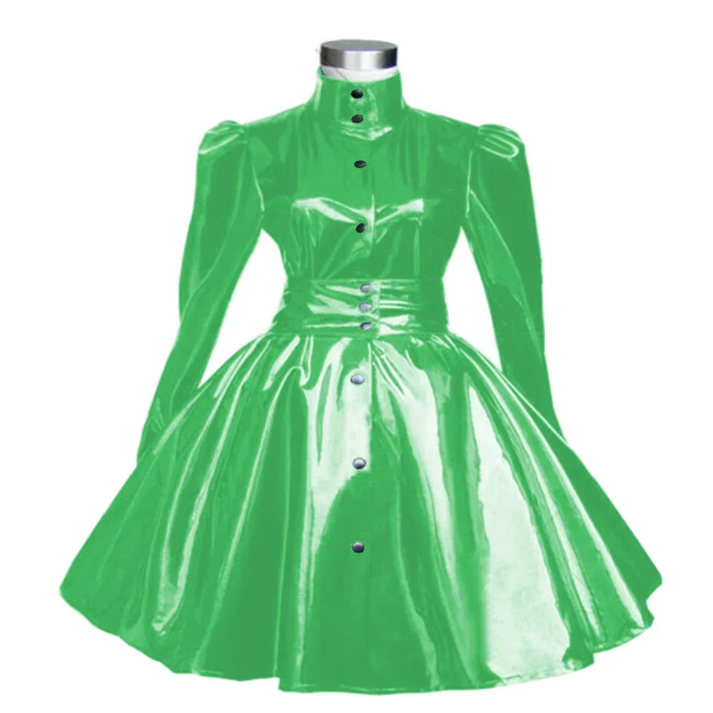 Plus Size Sweet Girl Mini Dress PVC Leather High Neck Button Pleated  A-line Dress Preppy Style Back Zipper Long Sleeve Dress