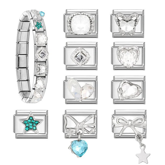 Shiny Zircon Stars Heart Bow Knot Butterfly Italian Charm Links Fit 9mm Stainless Steel Bracelet Women Jewelry DIY Making Gifts