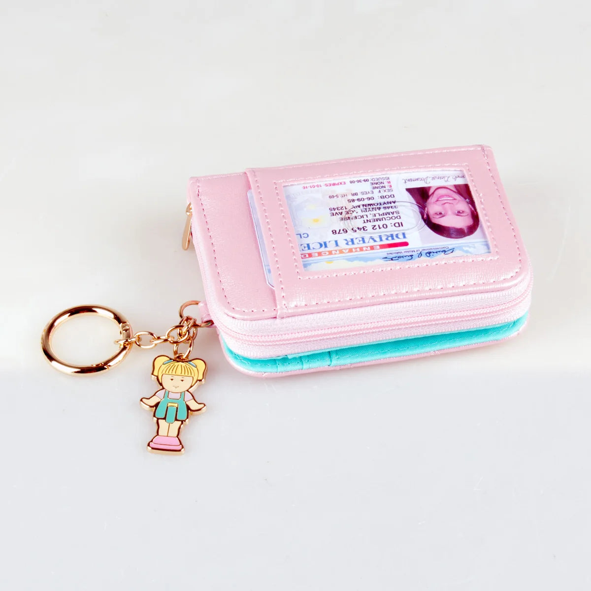 Pink Stitched Cute Zipper Wallet High-Quality Fashion Individual Card Holder with Zero Money Window for ID Cards