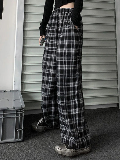 JMPRS Fashion Warm Plush Pants Thick Plaid Women Casual Loose Wide Leg Trousers Korean Streetwear Straight Student Pants New