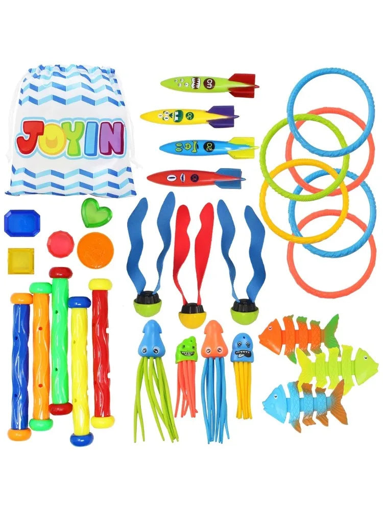 Joyfy 30 Pcs Diving Pool Toys Sinkers for kids with Storage Bag Includes 5 Diving Sticks 6 Diving Rings