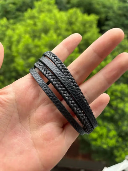 21cm Trendy Leather Bracelets Men Stainless Steel Multilayer Braided Rope Bracelets For Male Bracelets Jewelry