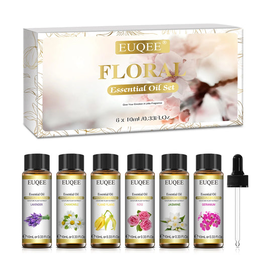EUQEE Floral Essential Oils Set Of 6 Bottles For Diffuser,Candle Making-Rose Lavender Ylang Ylang Jasmine Geranium Chamomile