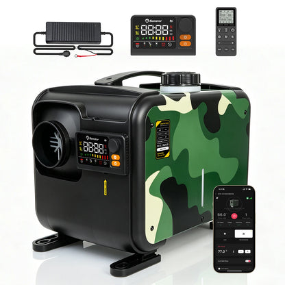 Sunster Portable Camo Diesel Air Heater 8KW with Handle 12/24V 110-240V All in One Smart Heater 35dB Quiet Fast Heat No Cold Air CO Monitor Kit for Motorhome Trailer Pickup Camping