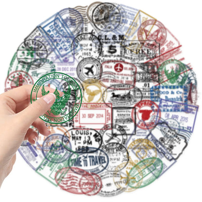 10/60PCS Vintage Passport Stamps Transparent Stickers Travel Decals For Phone Notebook Luggage Skateboard Guitar DIY Sticker Toy