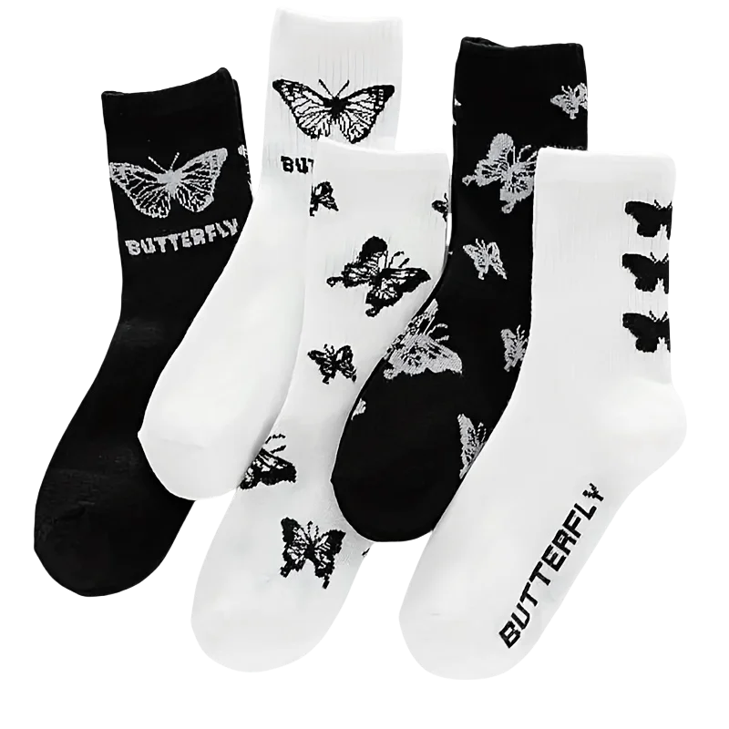 3/6/7 Pairs of Women Mid Length Stockings Set in Black And White With Butterfly Pattern Popular and versatile Sweat Absorption