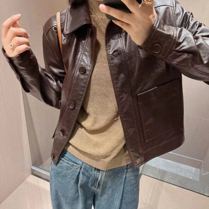British Style Lapel Genuine Leather Jackets for Women Fashion Single-breasted Pockets Female Brown Casual Short Sheepskin Jacket