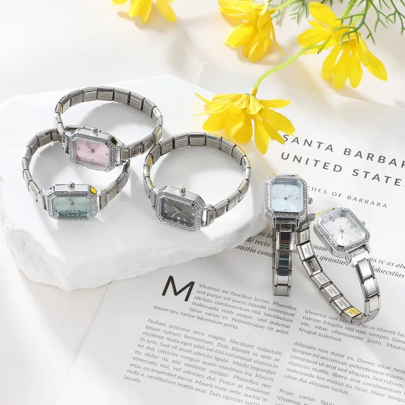 Fashion High Quality Men Women's Stainless Steel Square Round Shiny Zircon Watch Bracelet For Friend Birthday DIY Jewelry Gift
