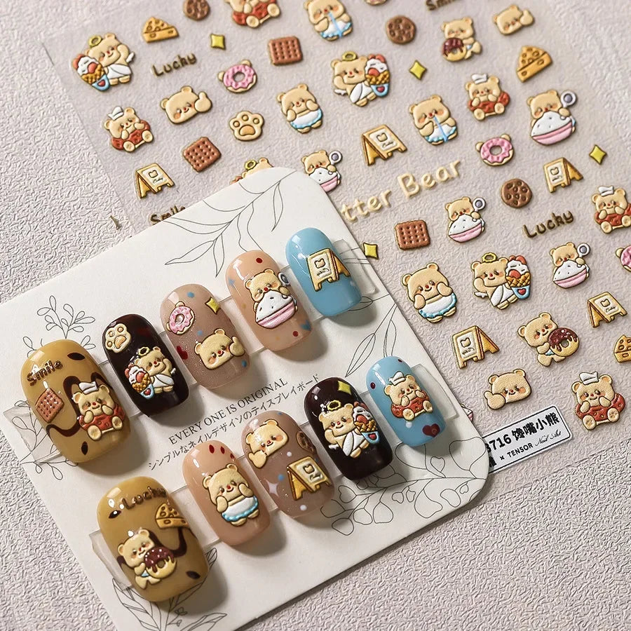 Lovely Animal Graffiti Cat Claw Rabbit Bunny Bear Dog Flower Fruit Dim Sum Candy Sunflower Adhesive 5D Nail Art Stickers Decal