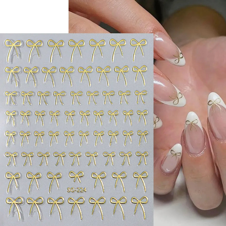 8pcs Mixed Color Bow Nail Art Stickers 3D Cute Red Black Pink bowknot Nail Charms Foils Y2K Gold Laser Effect Bow Manicure Decor