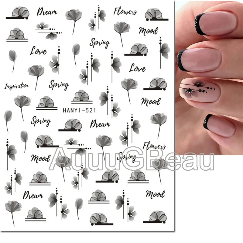 3d Nail Art Decals Watercolor Florals Purple Green Pink Flowers Leafs Fruit Adhesive Sliders Nail Stickers For Manicure