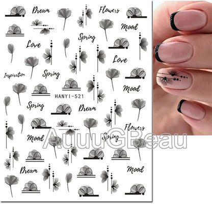 3d Nail Art Decals Watercolor Florals Purple Green Pink Flowers Leafs Fruit Adhesive Sliders Nail Stickers For Manicure