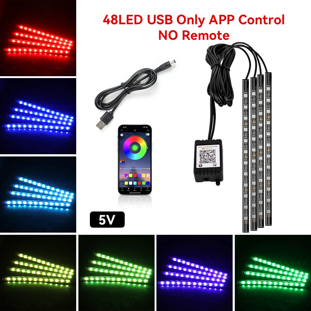Neon 36 48 72 LED Car Interior Ambient Foot Light Kit Backlight Remote App Music Control Auto RGB Atmosphere Decorative Lamp
