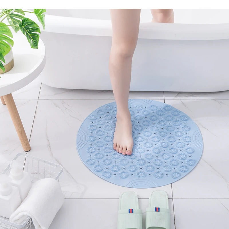 Bathroom Mat Anti-slip Sucker Round PVC Bath Mat with Drain Hole Silicone Bathing Rugs Foot Massage Pad Bathtub Soft Shower Mat