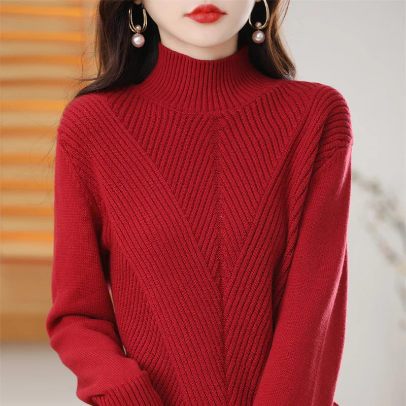 Women 100% Cotton Knit Sweater Half-high Collar Stripe Pullover Autumn Winter Thickened Bottoming Clothing Casual Knitted Tops