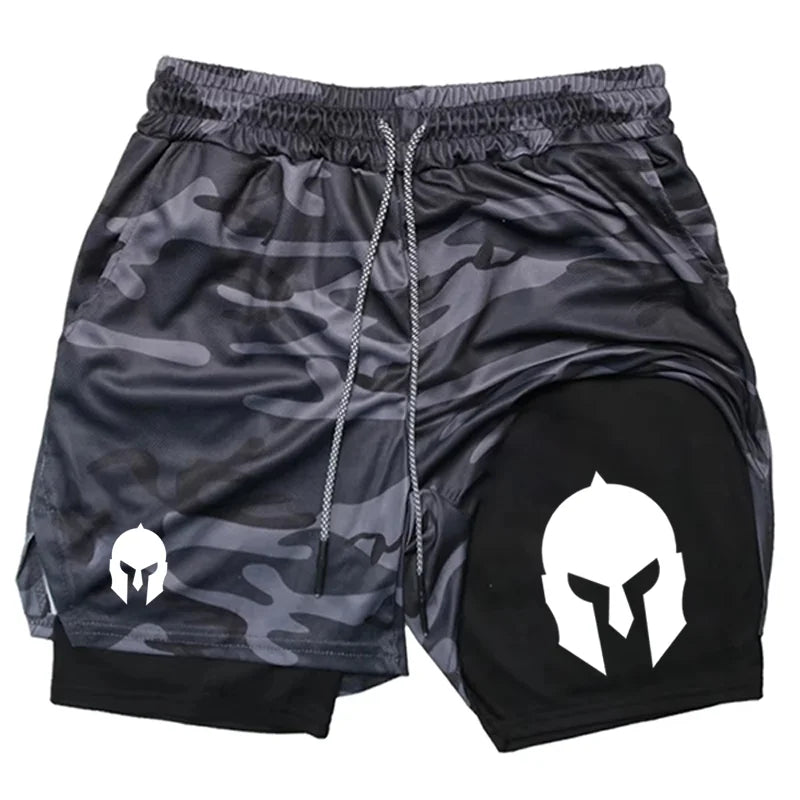 Men's Spartan Helmet Print Double Layer Gym Shorts, 2-in-1 Athletic Workout Running Casual Streetwear Short Pants WX099