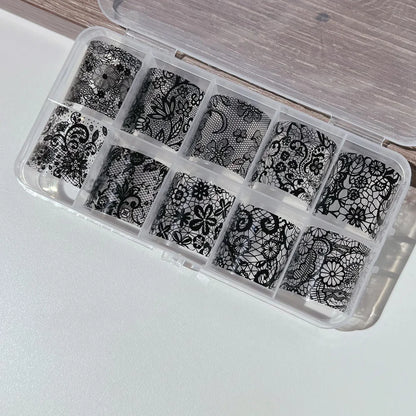 10 Rolls/Box New Black&White Lace Nail Transfer Stickers Sexy Lace Flower Full Wraps Nail Decals DIY French Manicure Decorations