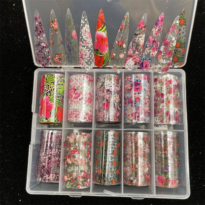 10 Patterns New Metal Nail Foils for Transfer Paper Stickers Floral Chameleon Nails Wraps DIY Water Marble Nail Art Decorations