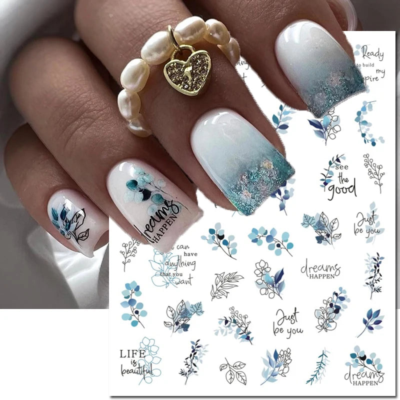 3d Nail Art Decals Watercolor Florals Purple Green Pink Flowers Leafs Fruit Adhesive Sliders Nail Stickers For Manicure