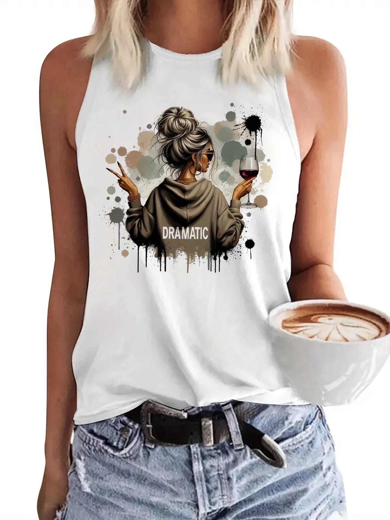 Hip Hop Vest T-shirt Dramatic Wine Art Tshirt Graphic Print Tank Top Women’s Sleeveless Crew Neck