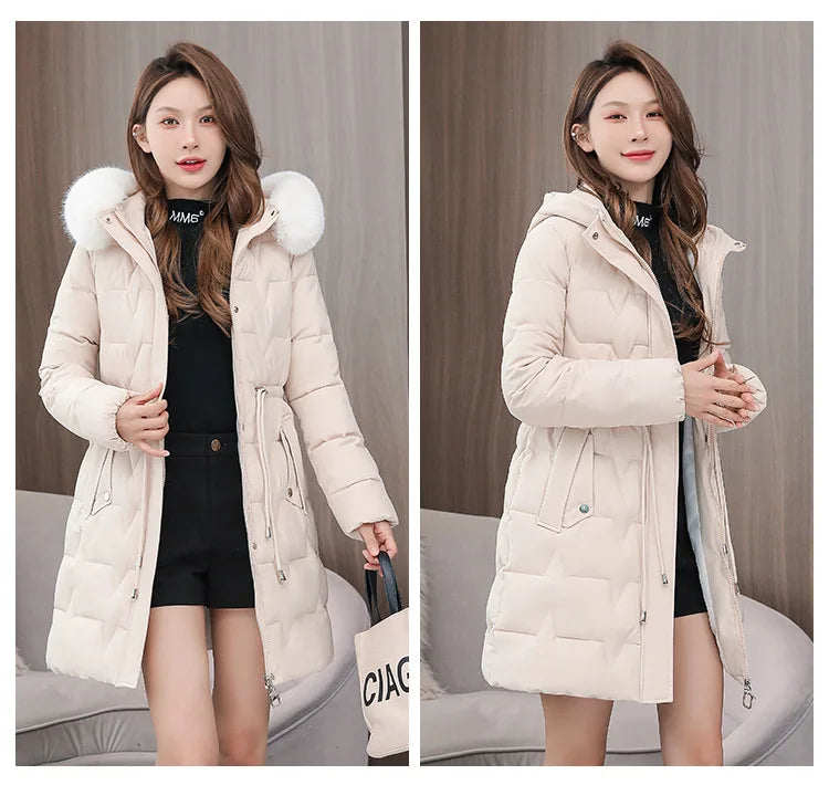 Hooded Women Parkas Coats Mid LenthJackets  Oversize Solid Fur Collar Zipper Drawstring Waist Loose Casual 2025 Autumn Winter