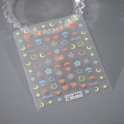 Collage Text English Letter Musical Note Star Graffiti Colorful 5D Love Heart Bowknot Nail Art Sticker Adhesive Manicure Decals