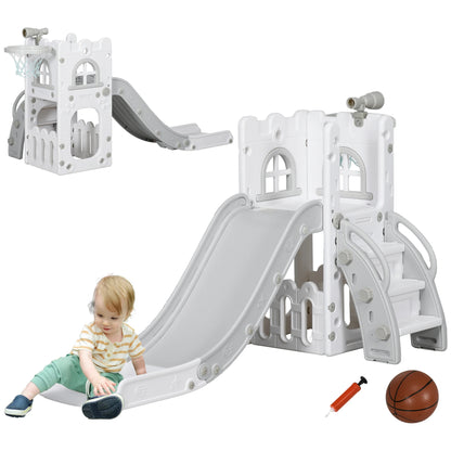 5-in-1 children’s slide, toddler slide with basketball hoop, gray telescopic play gym 70x177x92 cm