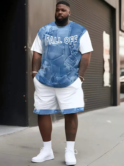 Denim Graphic T-shirt And Shorts 2-piece Set 2025 Plus Size Men's Clothing Casual Loose Drawstring Waist Shorts Short Sleeve Top