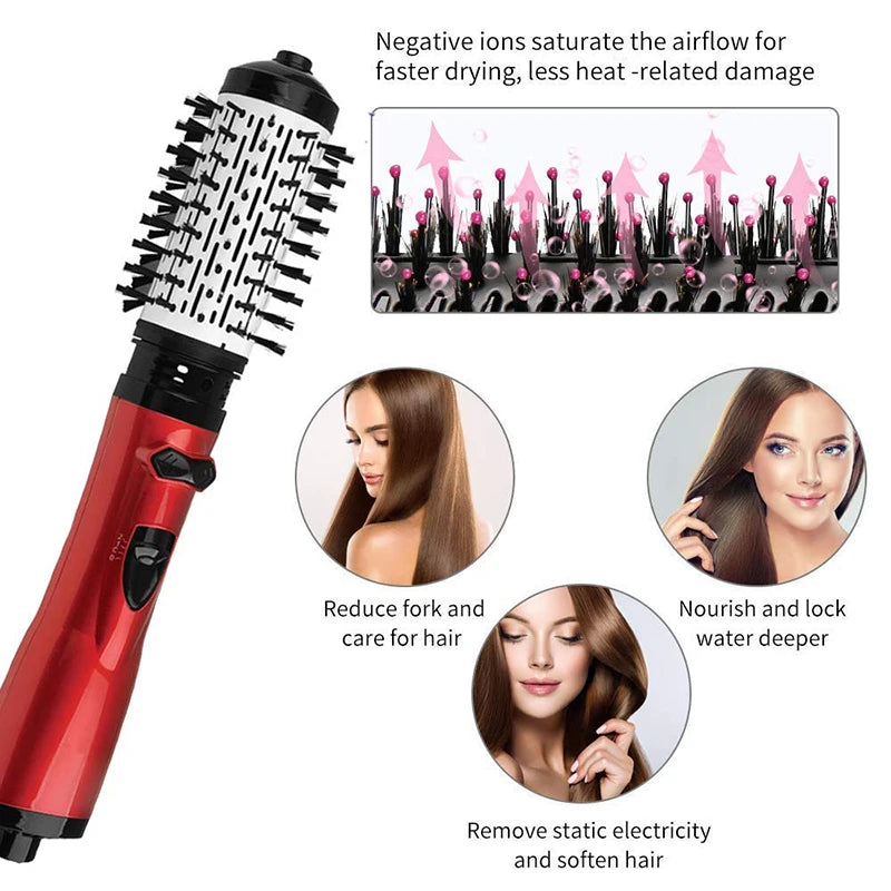 Rotating Hair Dryer Brush Electric Blow Drier Comb Hot Air Straightener Curler Iron One Step 2 Gears Blower Replaceable 2 Heads