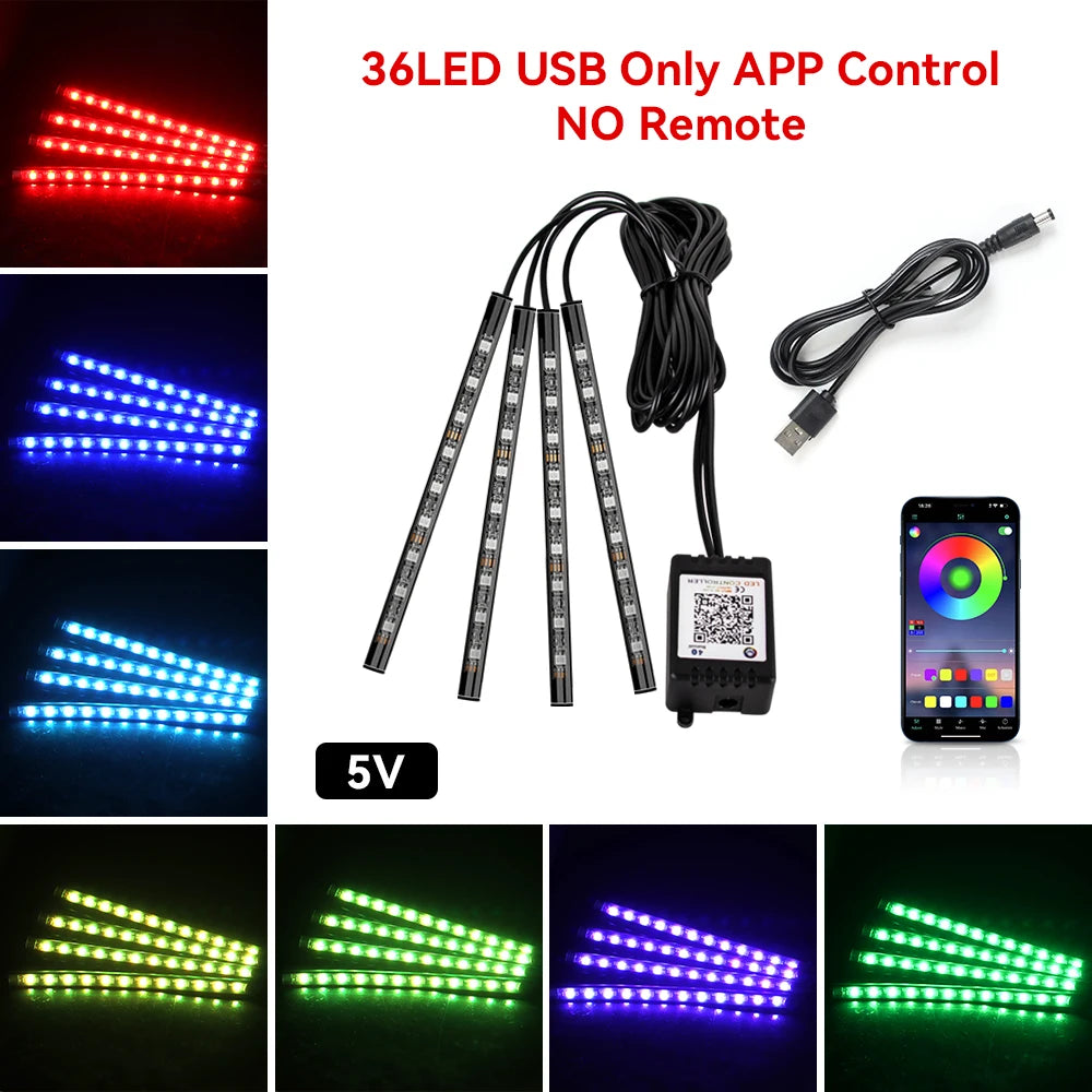 Car Interior Light Ambient Light with USB Cigarette Decorative Lamps RGB Car Footwell Light with Remote/Voice Control