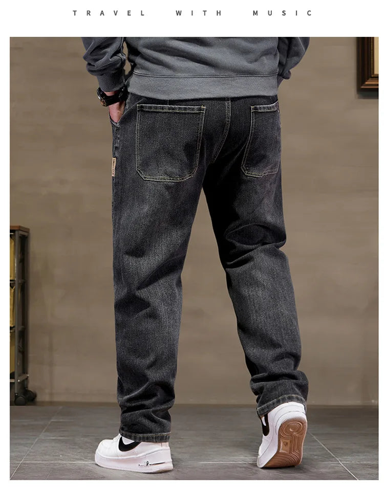 Extra Big Size Jeans Men High Elastic Waist Baggy Denim Pant Male Plus Large Loose Slim Fit Cowboy Trouser 8XL 6XL Classic Black