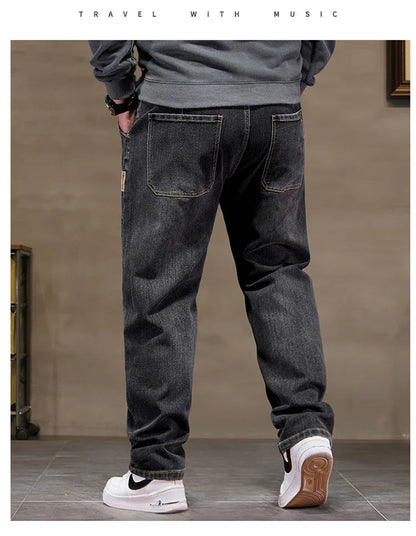 Extra Big Size Jeans Men High Elastic Waist Baggy Denim Pant Male Plus Large Loose Slim Fit Cowboy Trouser 8XL 6XL Classic Black