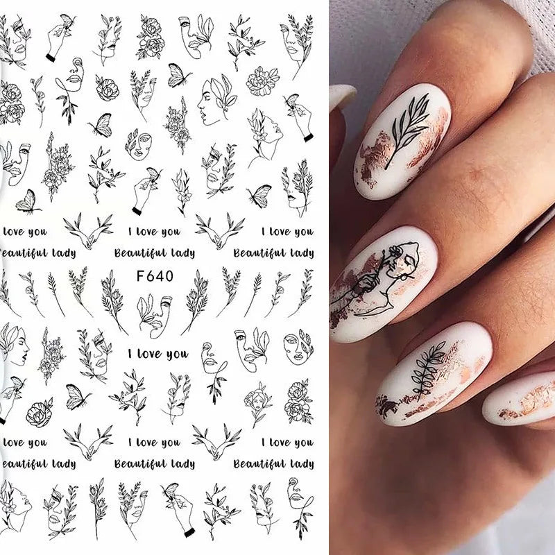 Black and White Love Flowers Line Art 3D Stickers Nail Decals Nail Art Accessories Butterfly Rose Nail Stickers Nail Sliders
