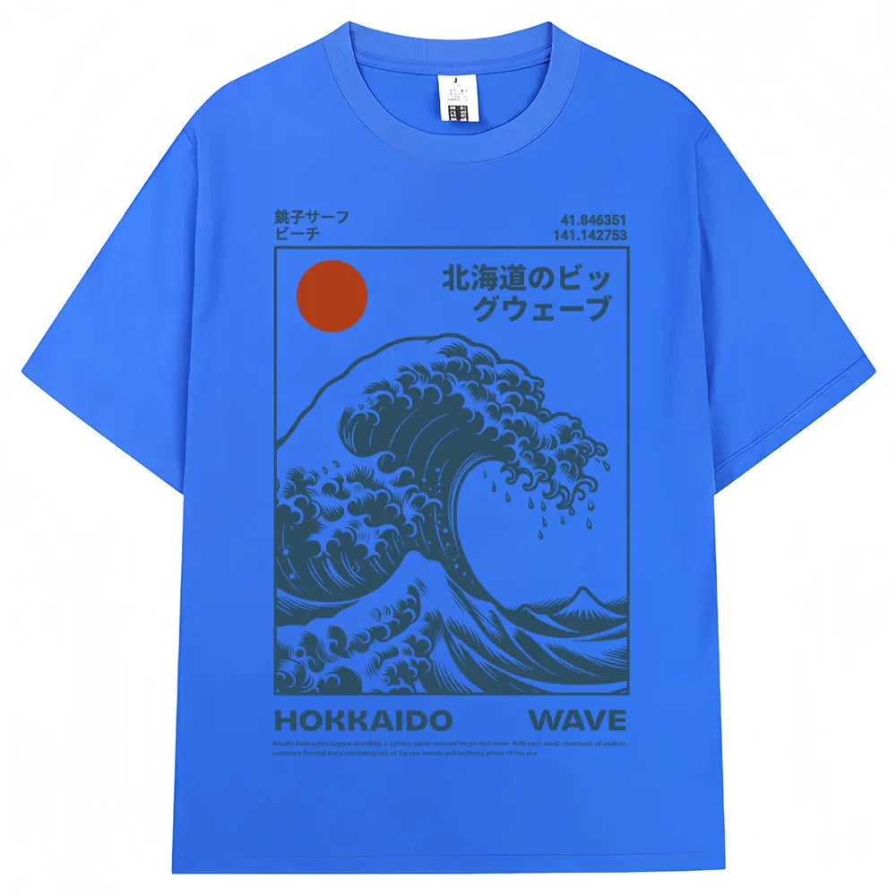 Japanese Style Hokkaido Wave Vintage T-shirt Men Women Harajuku Fashion High Quality T Shirts Oversized Cotton Summer Tee Shirt