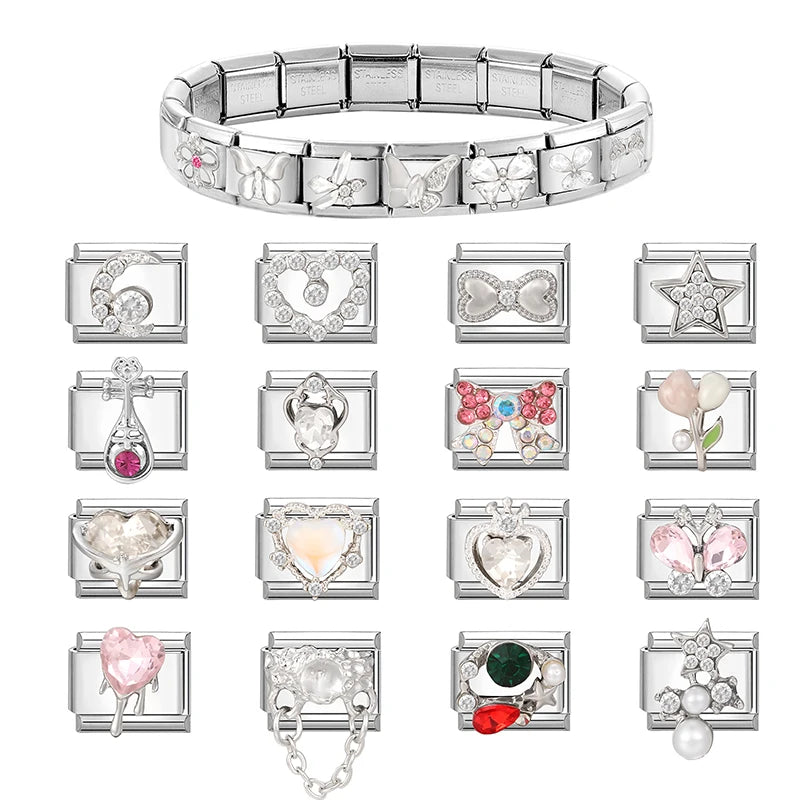 Zircon Pearl Heart Bow Candy Flower Butterfly Italian Charm Links Fit 9mm Stainless Steel Bracelet Personalized DIY Making Gifts