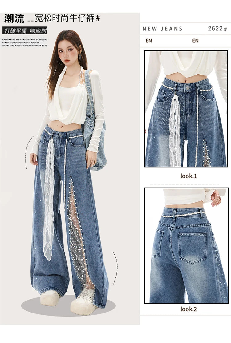 Women Jeans Pants Baggy Jeans Spring Flare Trousers Lace Applique Crystal Wide Leg Pearl Slit Distressed Design