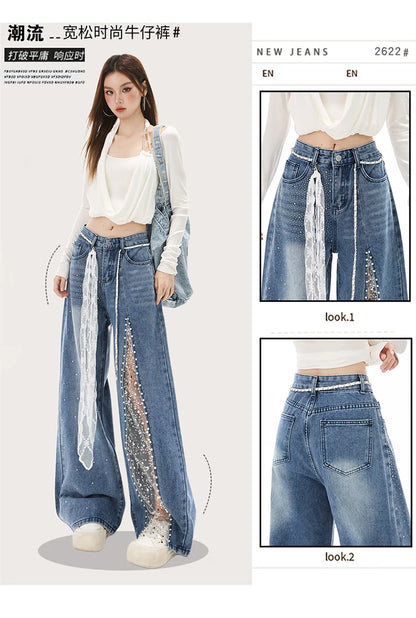Women Jeans Pants Baggy Jeans Spring Flare Trousers Lace Applique Crystal Wide Leg Pearl Slit Distressed Design