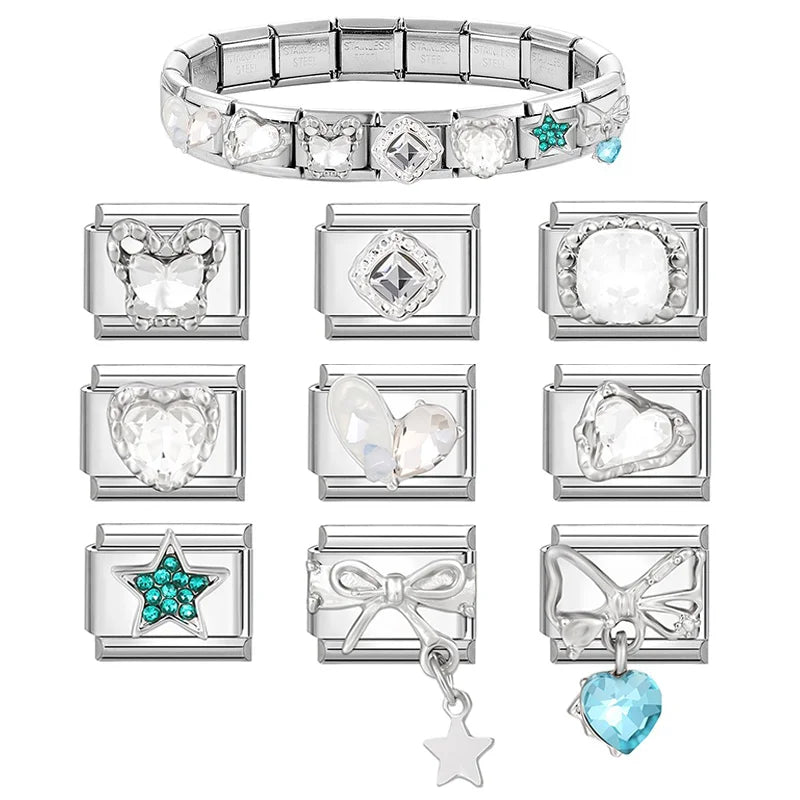 Shiny Zircon Stars Heart Bow Knot Butterfly Italian Charm Links Fit 9mm Stainless Steel Bracelet Women Jewelry DIY Making Gifts