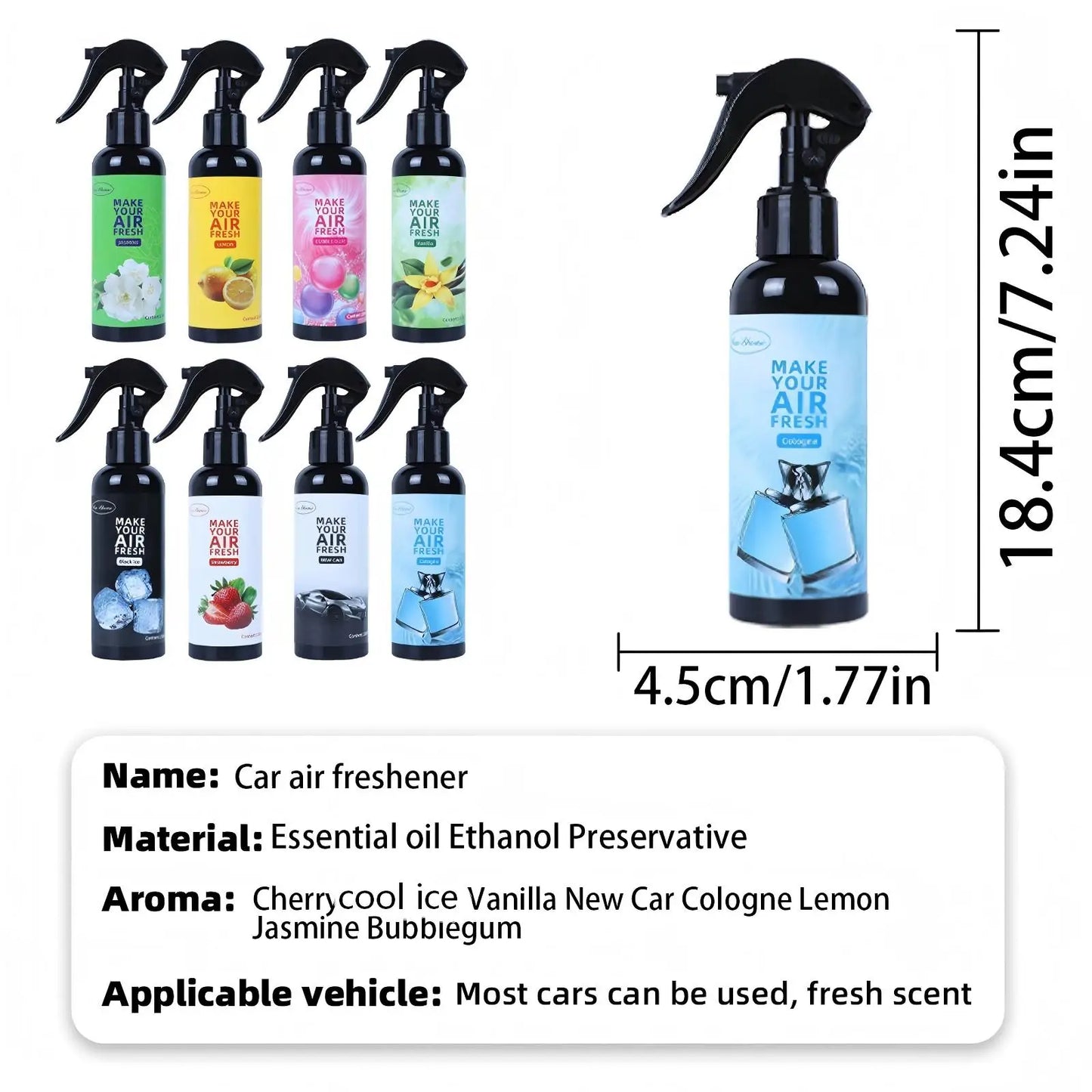 A 150ml car air freshener spray that doubles as a home fragrance. It effectively eliminates odors and can also be used as a hand