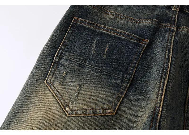 Y2k New Men's Jeans Washed Nostalgic Perforated Black Leather Patch Deep Blue Jeans High Street Designer Hip-Hop Brand High-Qual