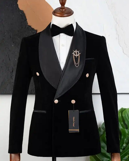 Velvet Formal Men Suits for Prom Wedding Double Breasted Groom Tuxedo 2 Pieces Celebrity Suit Jacket with Pants Custom Made