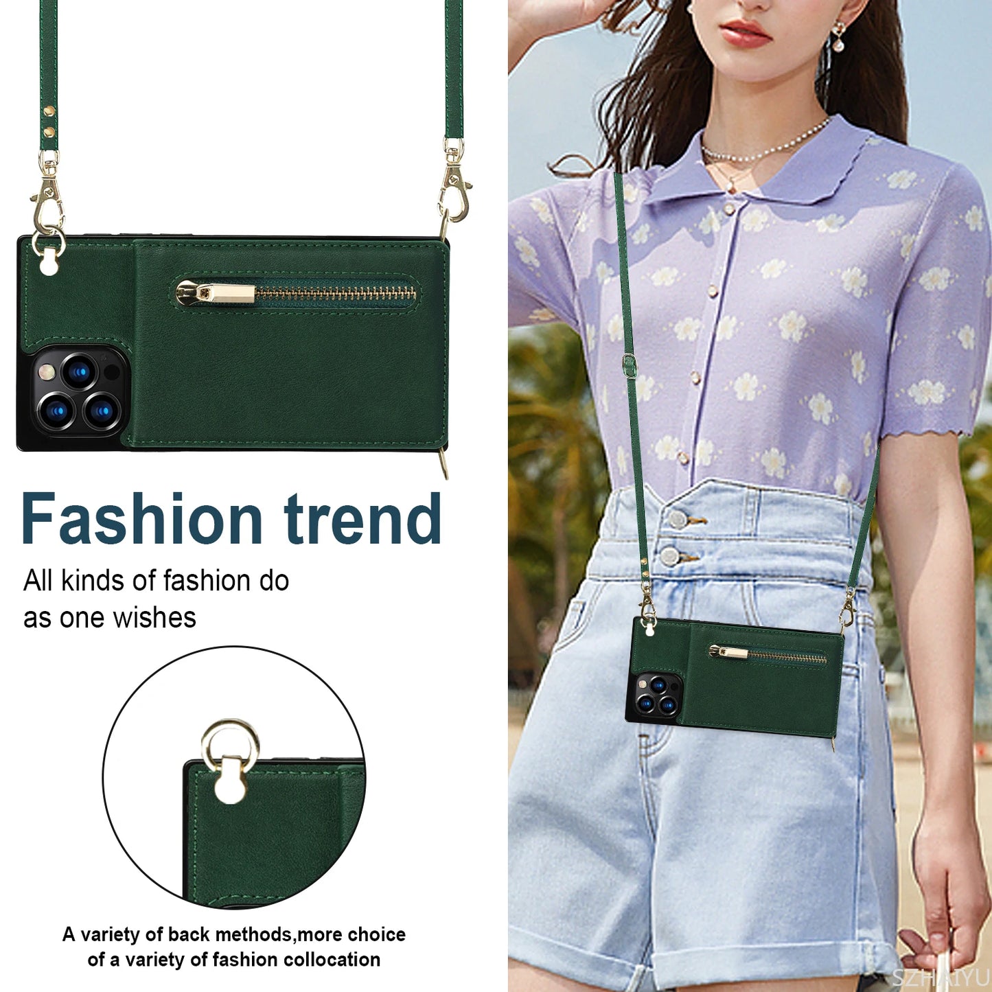 Zipper Wallet for IPhone 17 Air 16 16E 15 14 13 12 11 Pro Max Plus Case with Card Holder Lanyard Strap Crossbody Leather Cover