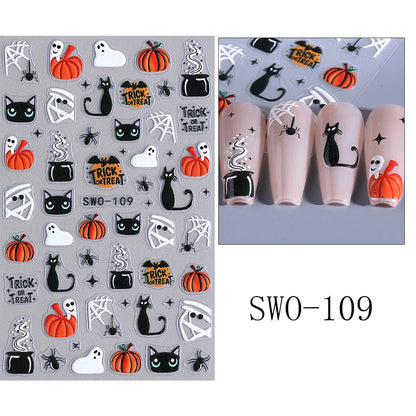 1/3pcs 3D Halloween Nail Stickers Pumpkin Ghost Spider Skull Design Bow  Flower Cute Cat Adhesive Slider Decals Manicure Decor