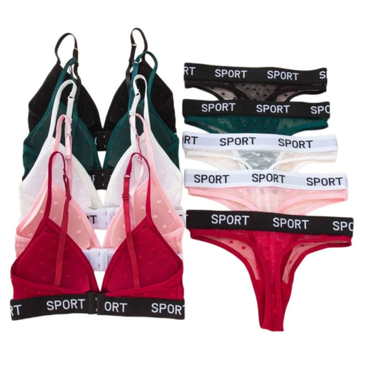 Women Lace Bra And Panties Set Sheer Polka Dot Sexy Lingerie Non-wire Bralette Low Rise Thong Letter Band Mesh Underwear Set