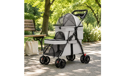 Double-Deck Pet Stroller Lockable Wheels Small Dog Feline Stroller Pet Transport Storage Pockets Removable Liner for Outdoor